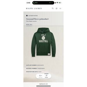 Polo Ralph Lauren Fleece Hoodie Basketball Logo Sweatshirt Mens S NWT